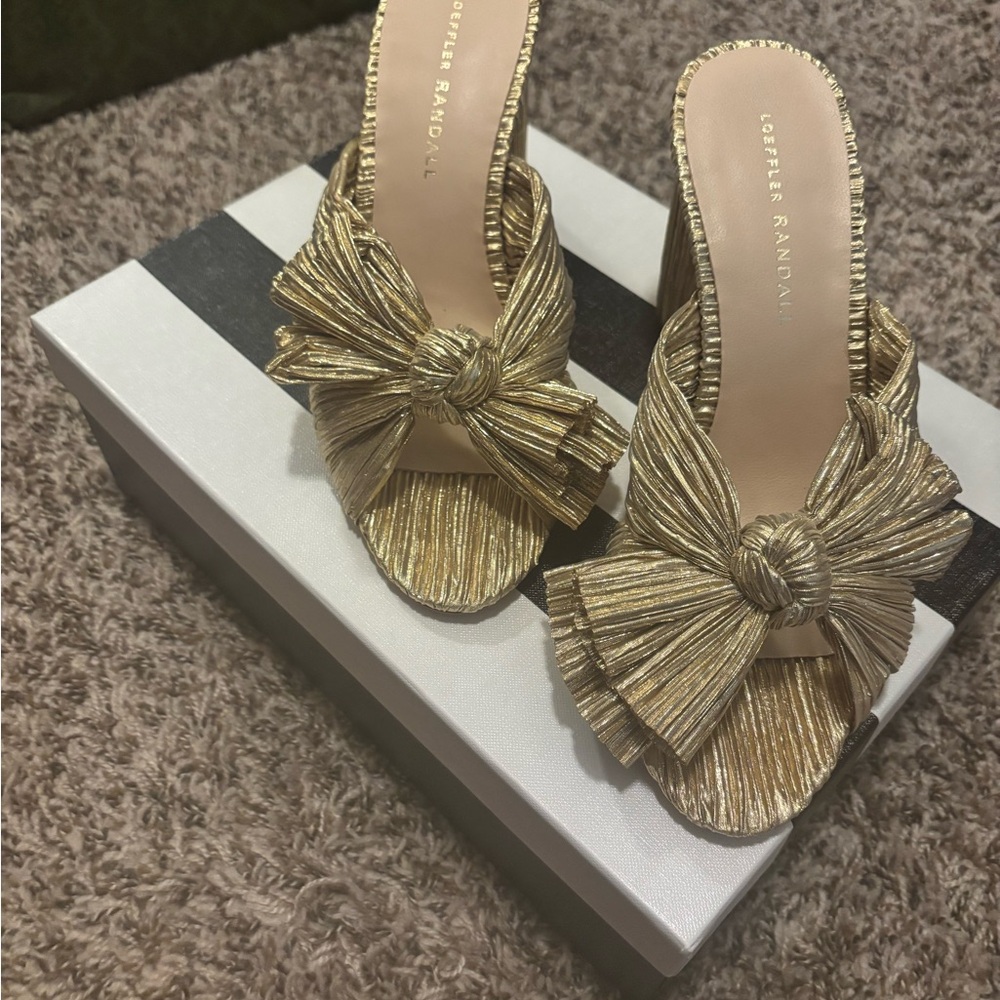 Loeffler Randall Gold Mules with Pleated Bow